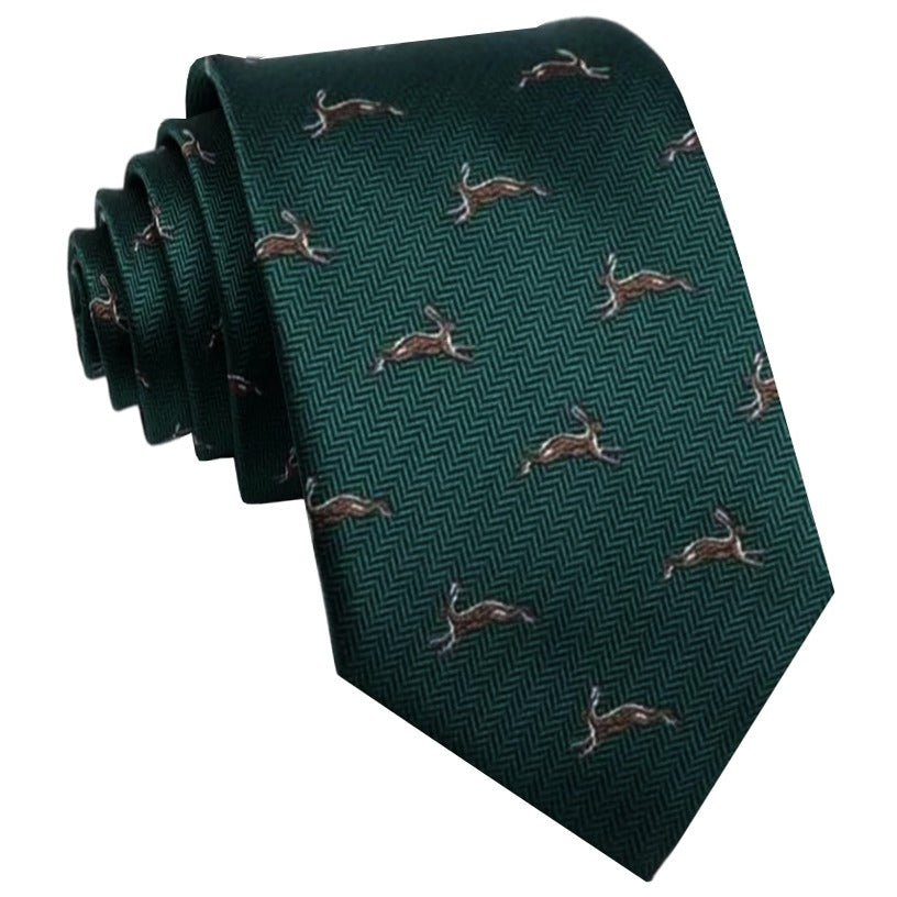 Green Herringbone with Rabbits Mens Tie