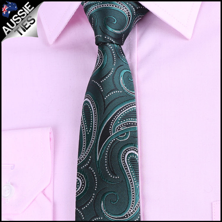 Dark Green, Black & White Paisley Slim Tie