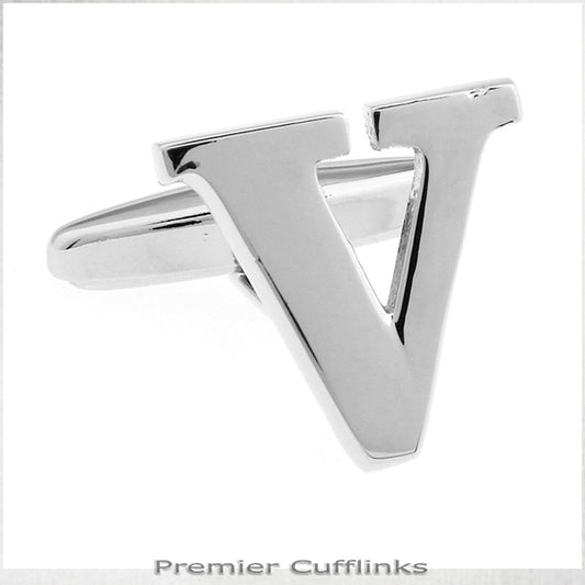 Single Initial V Silver Cufflink