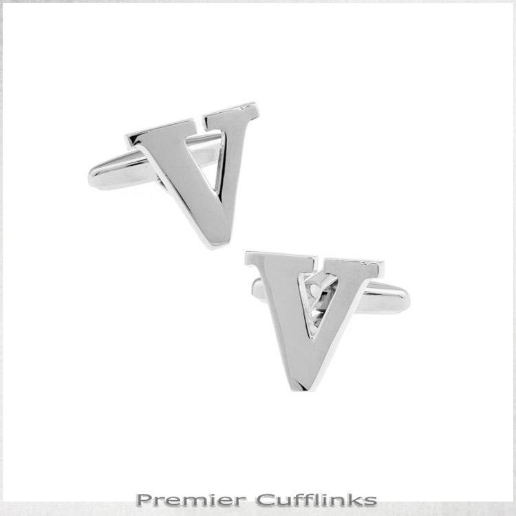 Single Initial V Silver Cufflink