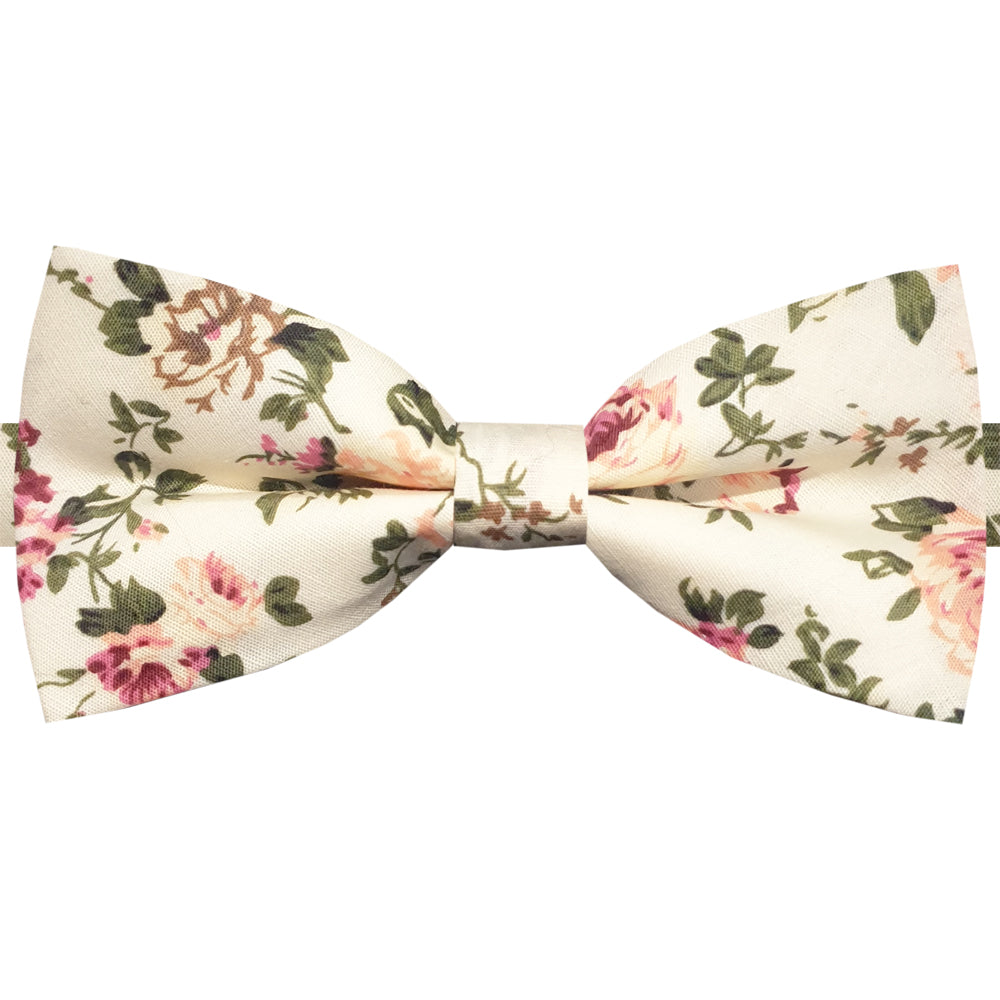 ivory bow tie with green and red floral