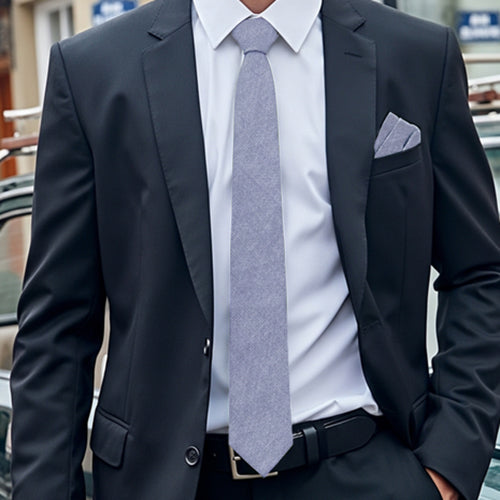 Light Blue Grey Cotton Slim Tie & Pocket Square Set