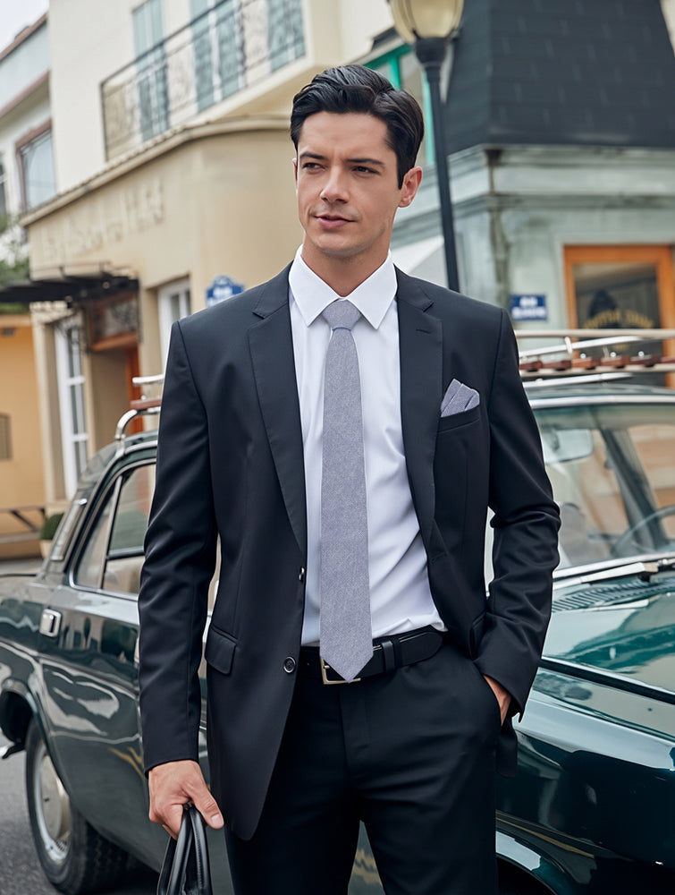 Light Blue Grey Cotton Slim Tie & Pocket Square Set