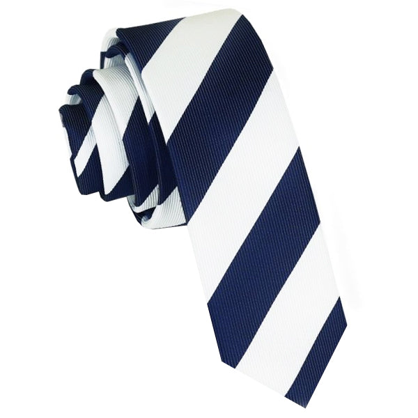 Mens Navy Blue & White Stripes Skinny Tie
