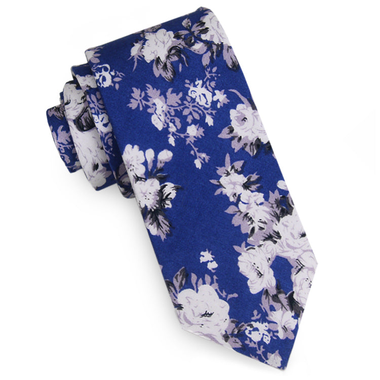 Mid Blue with White and Lilac Floral Pattern Men's Skinny Tie