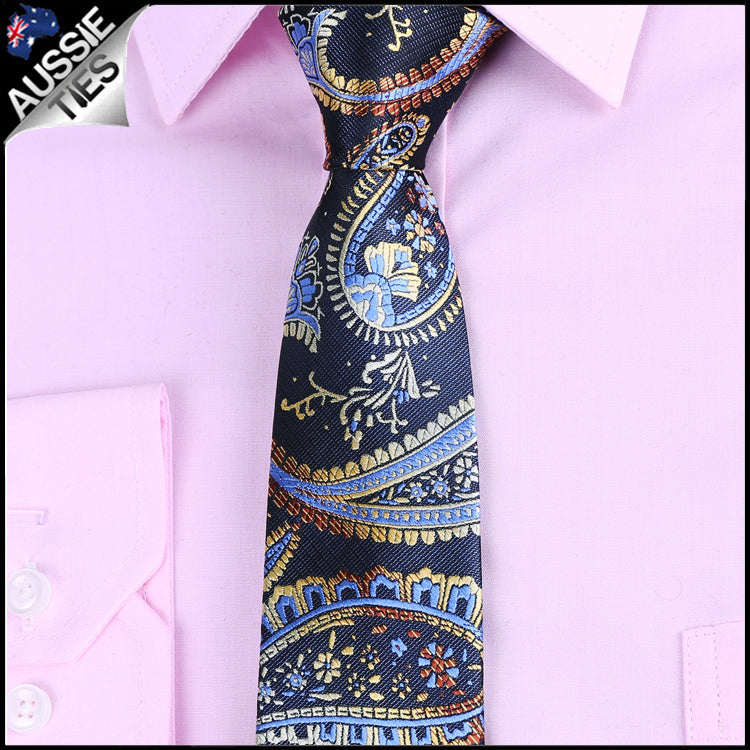 Navy Blue & Gold Paisley Slim Tie