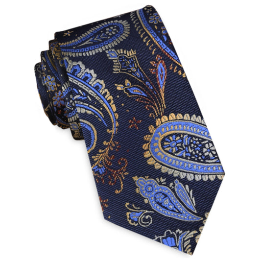 Navy Blue & Gold Paisley Slim Tie