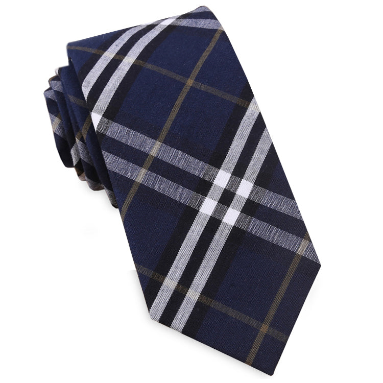 Navy Blue, Black, White & Gold Tartan Slim Tie 
