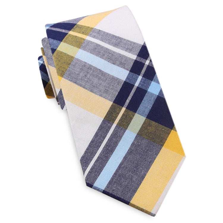 Navy Blue, Yellow & White Tartan Plaid Slim Tie 
