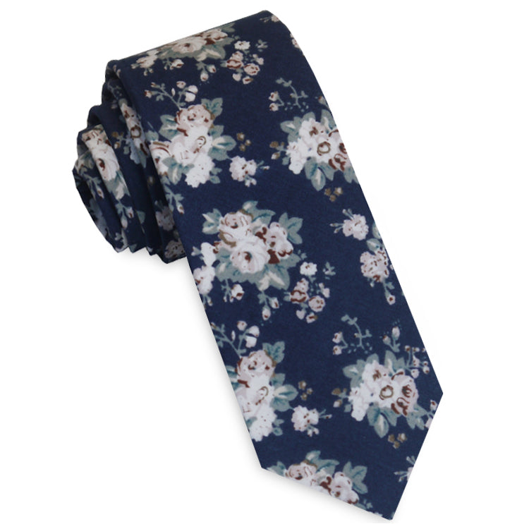 Navy with Dusky Pink & White Floral Pattern Skinny Tie