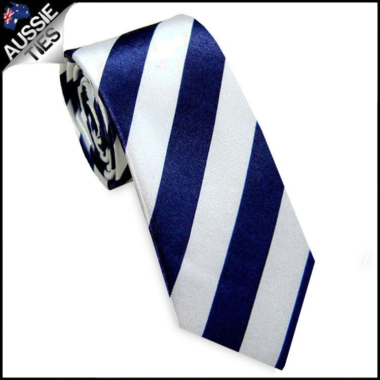 Navy Blue and White Men's Striped Satin Skinny Tie