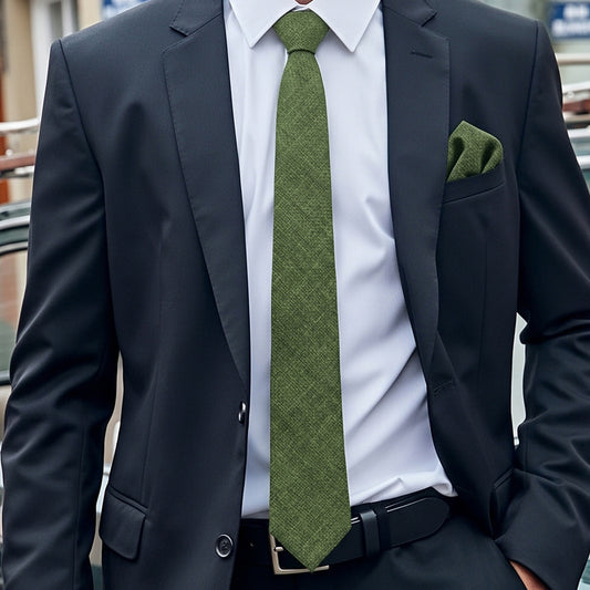 Olive Green Cotton Skinny Tie & Pocket Square Set