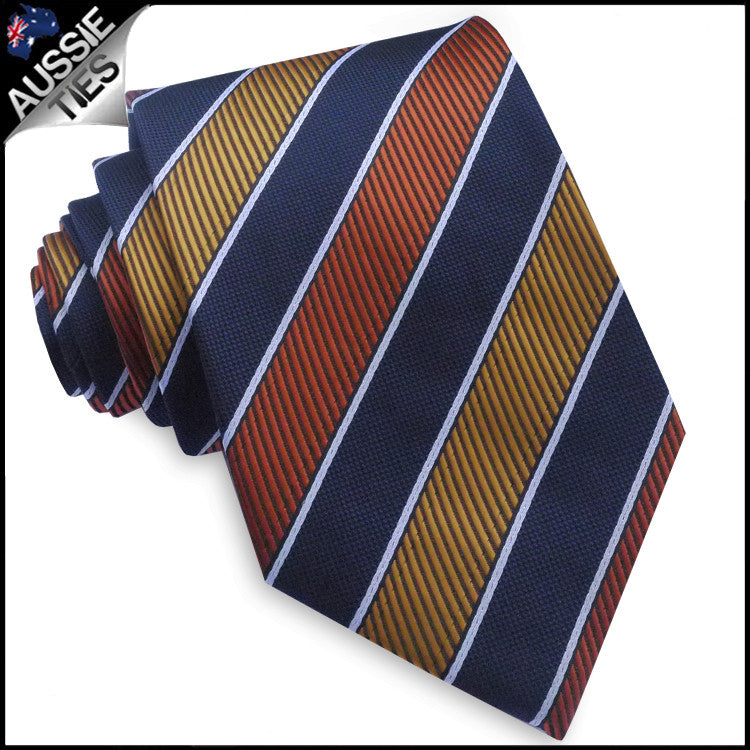 Orange, Yellow, Dark Blue & White Stripes Mens Tie  