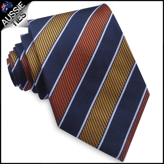 Orange, Yellow, Dark Blue & White Stripes Mens Tie  