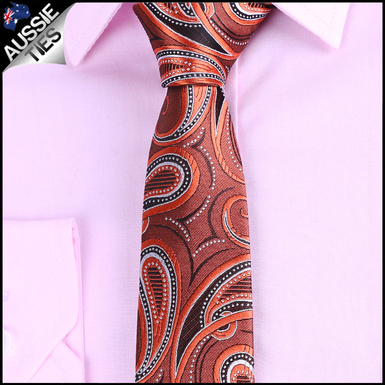 Orange, Black & White Paisley Slim Tie