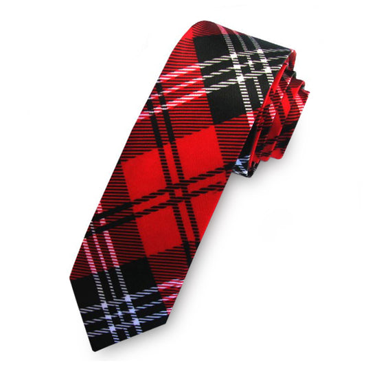 Red, Black & White Tartan Men's Skinny Tie