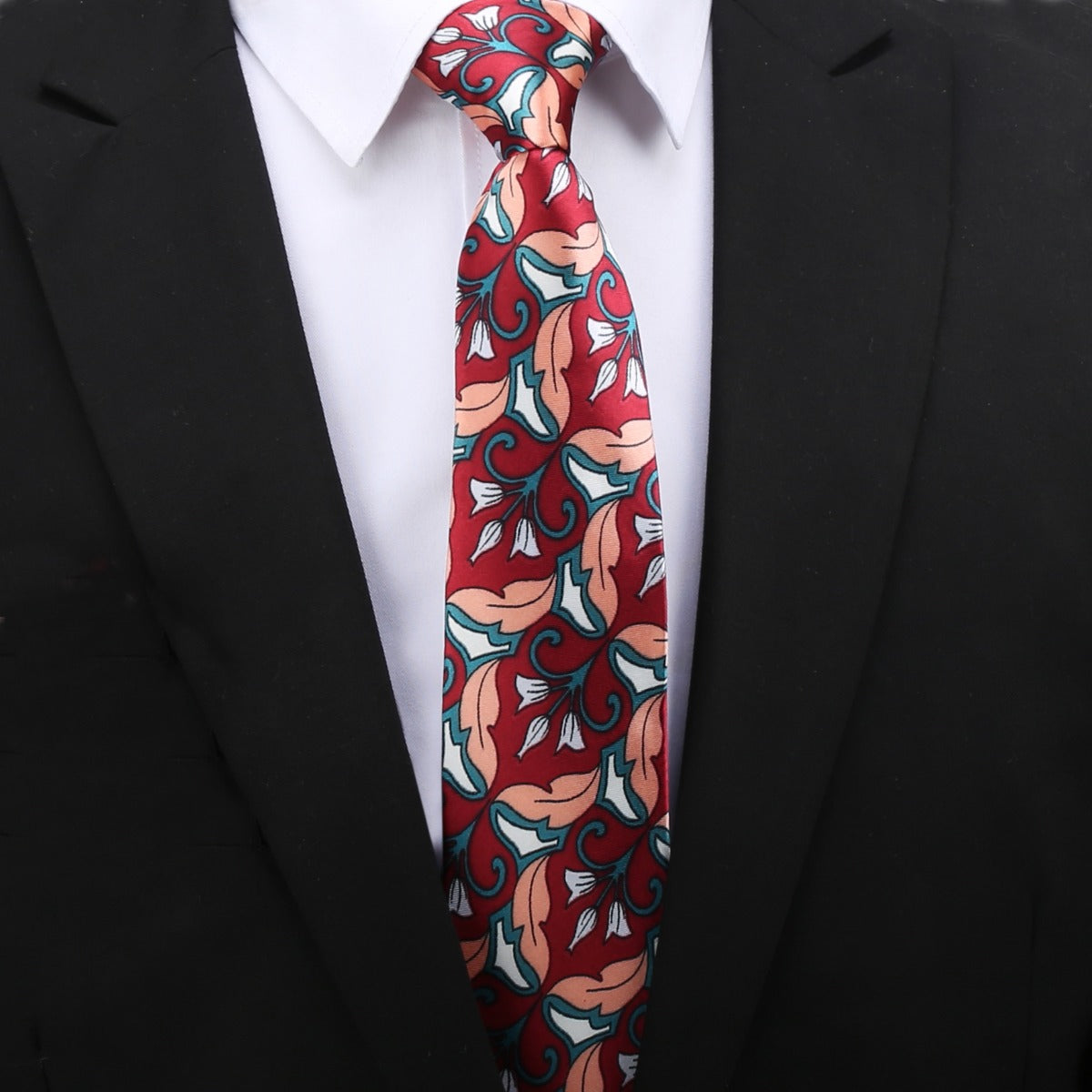 Red with White and Coral Geometric Floral Slim Tie