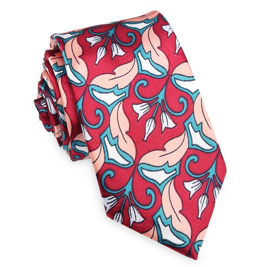 red with white and coral geometric floral tie