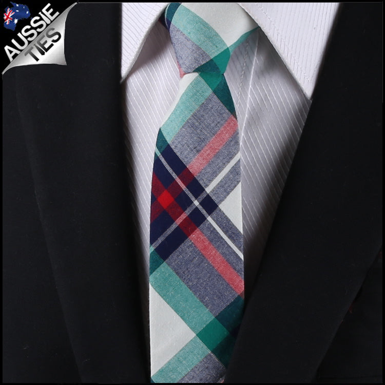 Navy, Green, Red & White Tartan Slim Tie