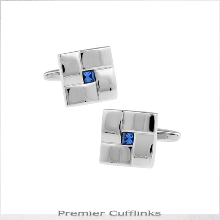 Ridged Silver with Blue Inset Cufflinks