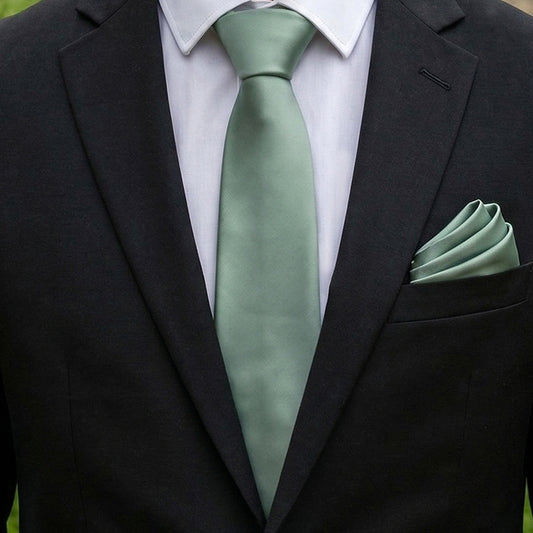 Mens Sage Green Tie and Pocket Square Set