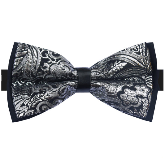 Silver and Black Floral Design Bow Tie