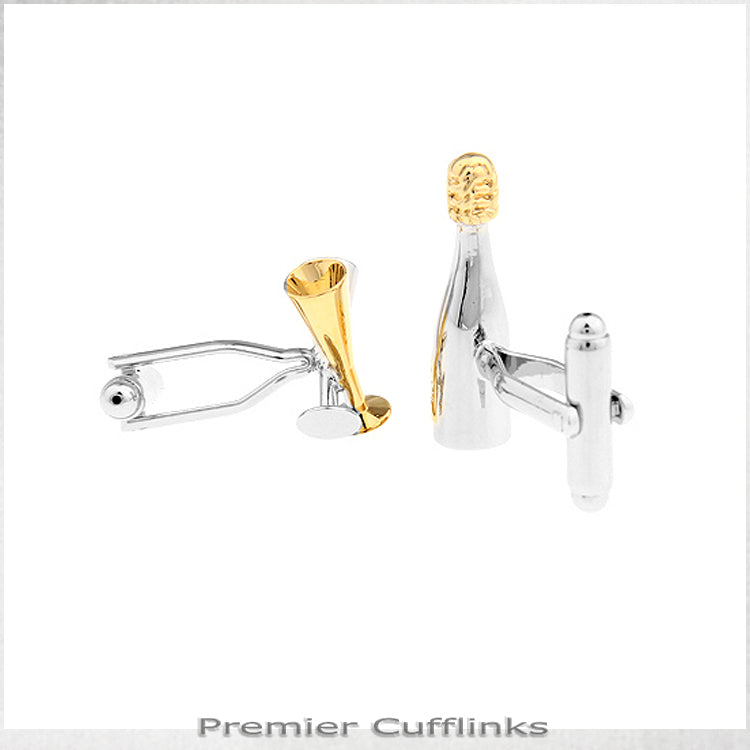Silver and Gold Bottle and Champagne Glasses Cufflinks