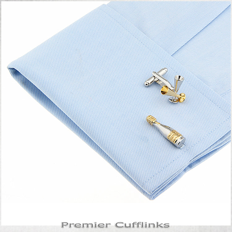Silver and Gold Bottle and Champagne Glasses Cufflinks