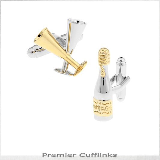 Silver and Gold Bottle and Champagne Glasses Cufflinks