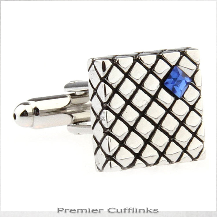 Silver Crosshatch with Blue Inset Cufflinks