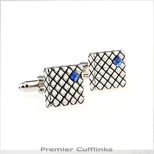 Silver Crosshatch with Blue Inset Cufflinks