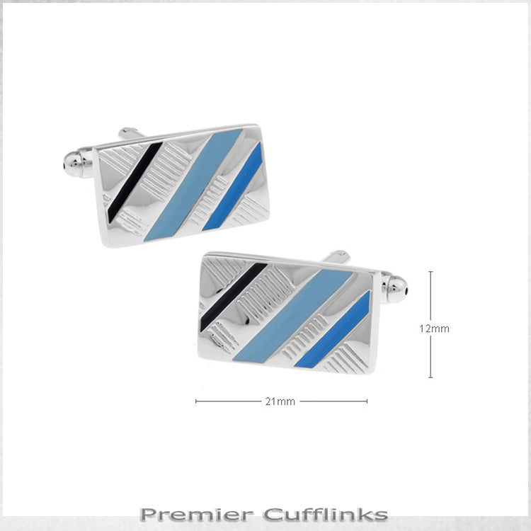 Silver with Black and Blue Diagonal Stripes Cufflinks