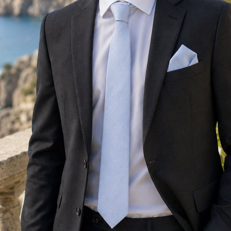 Sky Blue Bamboo and Cotton Blend Skinny Tie & Pocket Square Set
