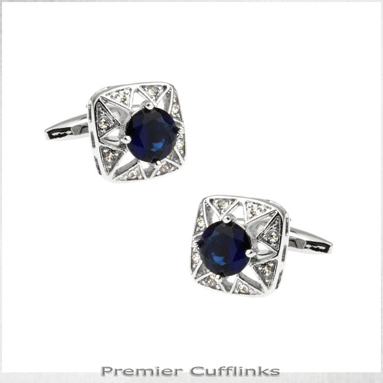 Star Border with Deep Blue Crystal Inset Cufflinks