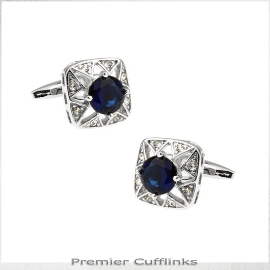 Star Border with Deep Blue Crystal Inset Cufflinks