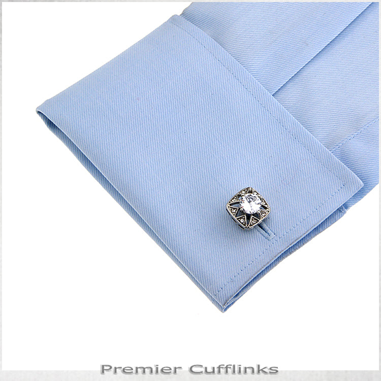 Star Border With White Crystal Inset Cufflinks