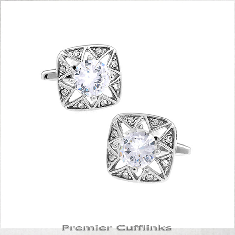 Star Border With White Crystal Inset Cufflinks