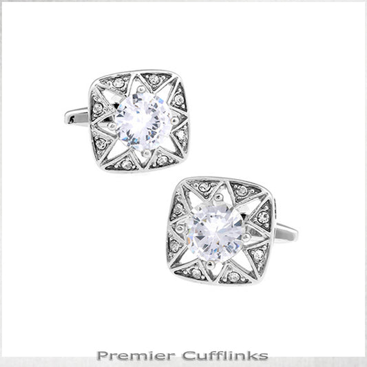 Star Border With White Crystal Inset Cufflinks