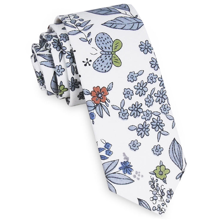 White with Blue, Red & Green Floral Skinny Tie