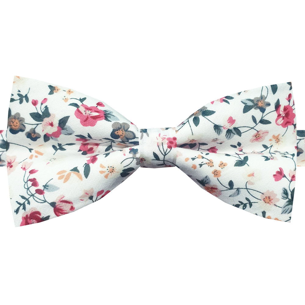 ivory bow tie with green and red floral