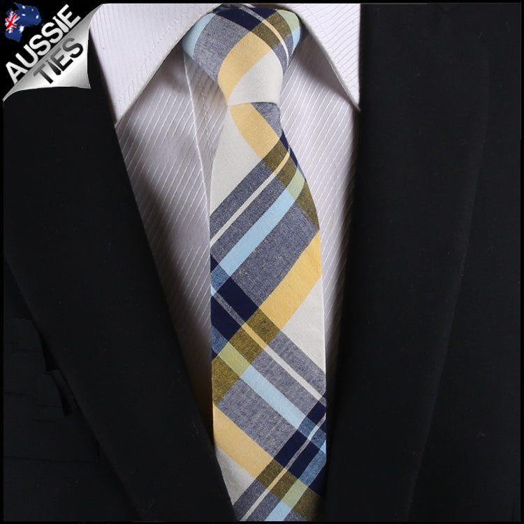 Navy Blue, Yellow & White Tartan Plaid Slim Tie